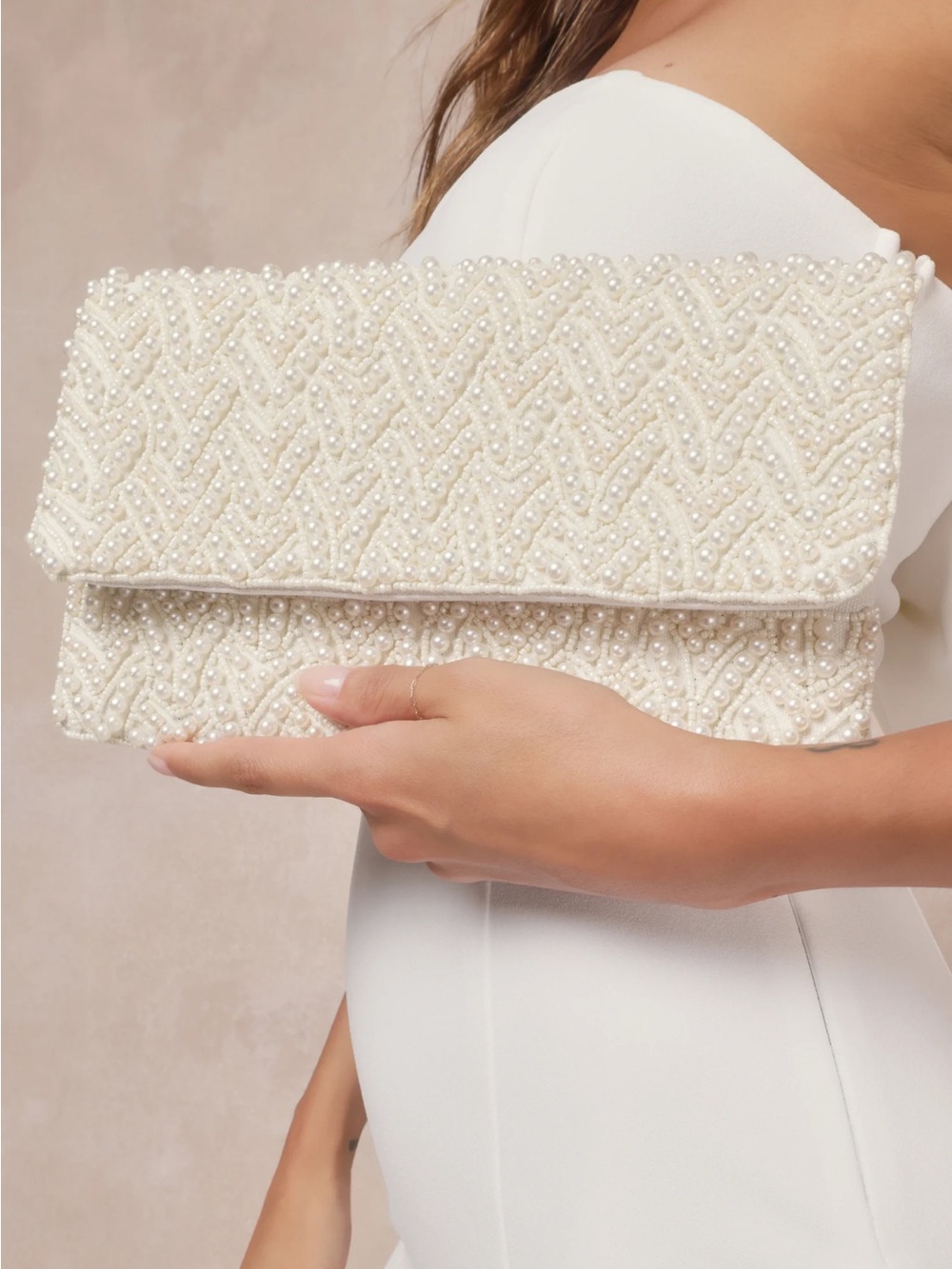 Lulus Pearl-Fect Day Ivory Beaded Clutch